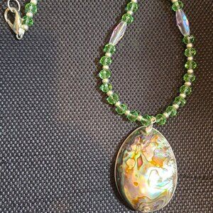 Abalone Necklace 20 inch w Green beads/Crystals
